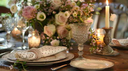 Fototapeta premium A beautifully set dining table, with a lit candle, a plate with a polka-dotted napkin, and an upside-down wine glass. The table is decorated with elegant floral arrangements.