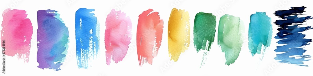 Poster Set of vibrant watercolor paint brush strokes isolated on white background