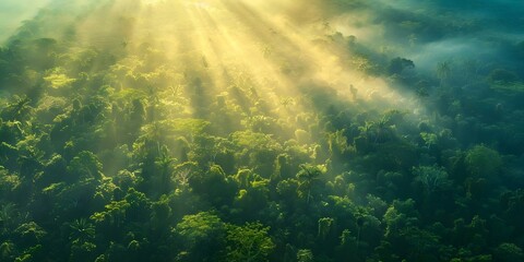 Fototapeta premium Sunbeams shining through the Amazon rainforest from an aerial perspective. Concept Nature Photography, Rainforest Aerial View, Sunbeams, Amazon Wildlife, Tropical Ecosystems