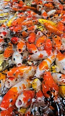 Top view of colorful koi fish or Japanese koi carp swimming in the lake. Koi fighting for food.