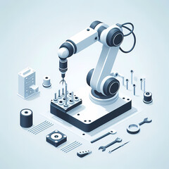 clean simple image robotic arm assembling components symbolizing ai manufacturing