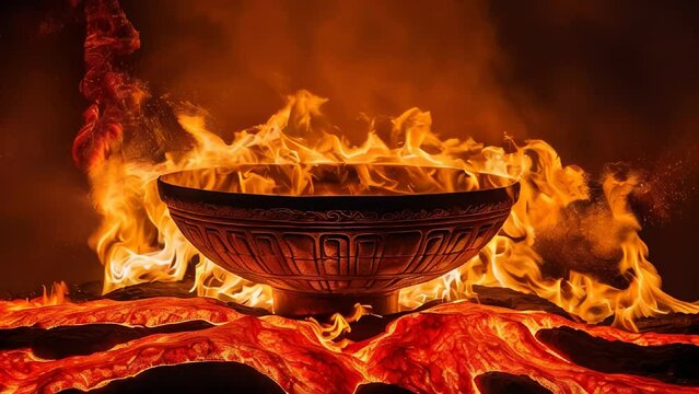 Slow motion capture of Olympic flame in ancient styled cauldron surrounded by vibrant flames, blending classics and modernity