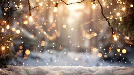 Enchanting Winter Wonderland with Twinkling String Lights and Snowfall in Magical Forest