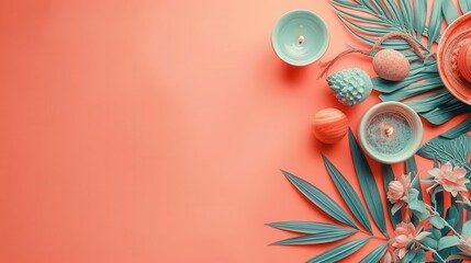 Flat lay of meditation items on pastel coral background, zen minimalism, copy space