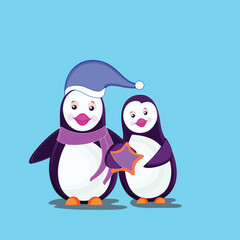 Cartoon Couple Penguin Wearing Fluffy Hat and Star Holding Vector Illustration.