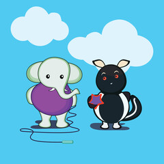 Cartoon Cute Elephant and Skunk Holding Star Vector Illustration.