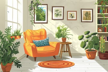 Cozy reading nook with an orange armchair and indoor plants.