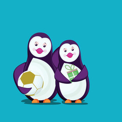Fototapeta premium Cartoon Cute Penguin Couple Holding Football and Gift Box for Animal Soccer game Vector Illustration.