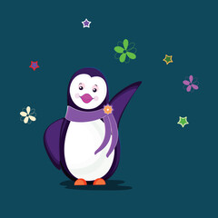 Cute little penguin wearing purple scarf on flowers and stars decorated teal background.