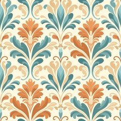 Vintage Floral Damask Pattern With Teal and Orange Hues