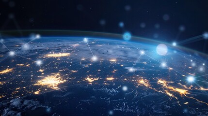 A nighttime view of Earth from space with illuminated cities and connecting lines symbolizing global connectivity
