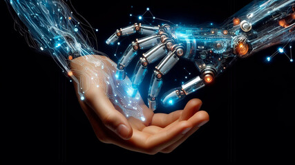 Connection of human and robot hands isolated on black background