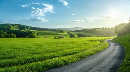 green grass outdoor field landscape with roadway