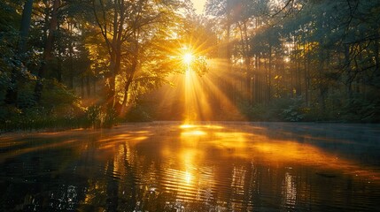 Glowing sunburst over tranquil lake