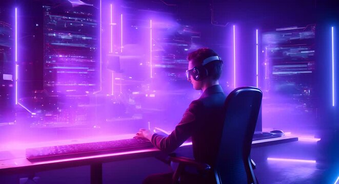 an inteligent people that worked with computer with hologram data background motion video, footage