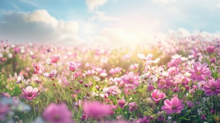 Obraz premium Spring scenery Field of pink purple blossoms in sunny weather Lush green grass and floral field backdrop spring season