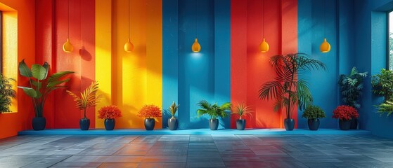Vibrantly colorful room with red, yellow, and blue walls adorned with hanging lamps, potted plants adding greenery, and decorative elements.