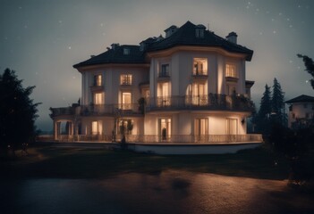 Obraz premium nocturne exterior home night evening view house design cyan perched blue empty villa