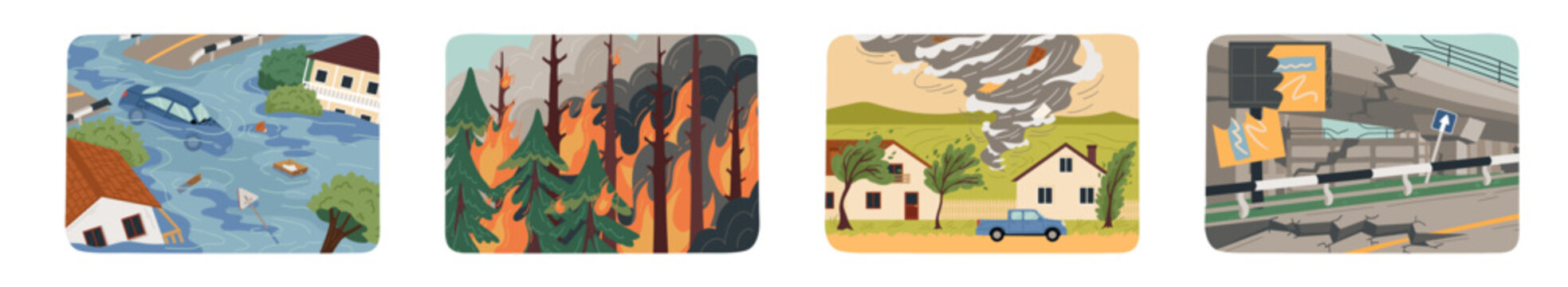 Forest fire, earthquake, tornado and flooding natural disasters set