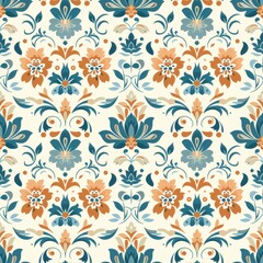 Vintage Floral Damask Pattern in Teal and Orange