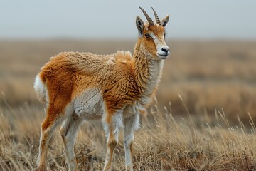 Obraz premium A Saiga antelope standing in the open plains of Kazakhstan, its unique, bulbous nose and light brown coat blending with the landscape.