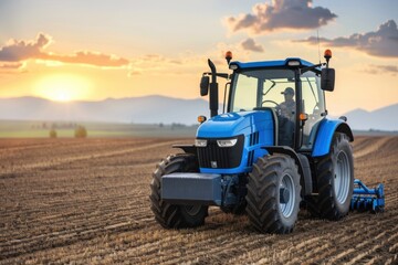 Obraz premium Farmer Driving Tractor at Sunset