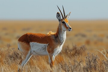 A Saiga antelope standing in the open plains of Kazakhstan, its unique, bulbous nose and light brown coat blending with the landscape.