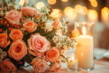 Obraz premium Elegant bouquet of pink roses and candles, creating a romantic and warm ambiance with bokeh lights in the background.