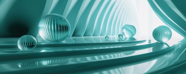 Futuristic Turquoise Hallway with Reflective Spheres. Abstract 3D Render