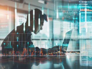A person analyzing financial data on a laptop with digital graphs and metrics overlayed in the foreground.






