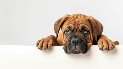 Mastiff puppy cleaning up empty banner and placard white background