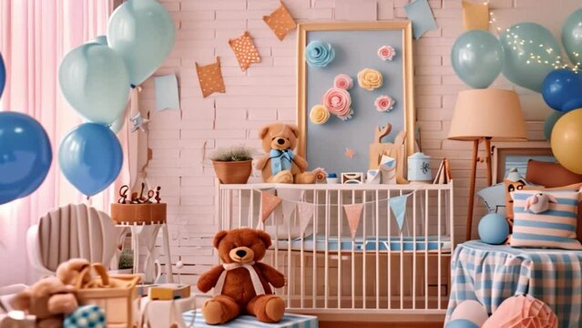 This image shows a decorated nursery room for a baby boy. It features blue and white balloons, teddy bears, and a crib with a blue and white patterned sheet.