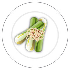 Top view of yaki negi japnese salad on white plate element png in flat style.