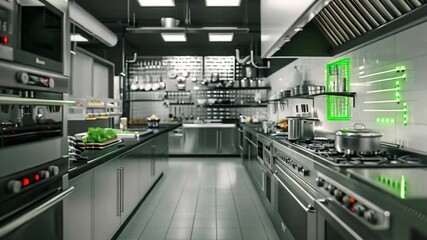 Photo of a sleek, well-equipped restaurant kitchen with stainless steel appliances, ovens, stoves, and a large countertop. Shelves line the walls holding cookware and utensils.