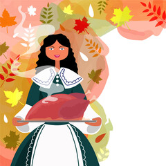  Happy Thanksgiving Day Celebration with beautiful young girl dressed as a pilgrim, serving hot cooked chicken on autumn leaves decorated png background.