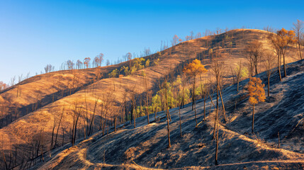 Burnt Hillside Aftermath of Wildfire. the aftermath of a wildfire, showing a hillside covered in burnt trees with a clear line where the fire stopped.