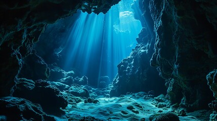 Underwater cave abstraction Dark ocean depths, eerie ambiance