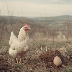 Fototapeta premium A chicken stands next to eggs in a scenic outdoor setting.