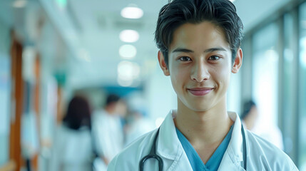 Fototapeta premium Confident Doctor in Hospital Corridor with Stethoscope