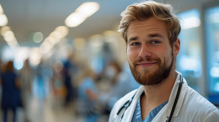 Fototapeta premium Confident Doctor in Hospital Corridor with Stethoscope