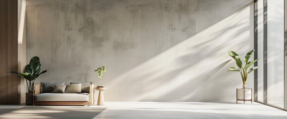 Home interior background with a modern living room, blank wall, and a 3D render, offering a minimalist and elegant design