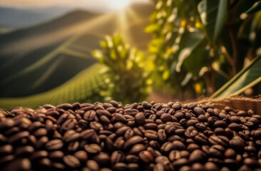 Obraz premium freshly roasted coffee beans on a wooden table against the background of a green garden