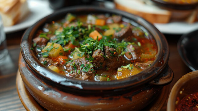 Buglama is a traditional Azerbaijani dish made with meat, vegetables, and herbs stewed in a broth. It is a hearty and flavorful dish that is often served with rice or bread.