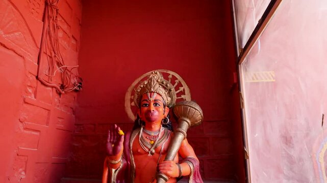 idol of hindu holy god lord hanuman at indoor from different angle video is taken at ujjain madhya pradesh india.