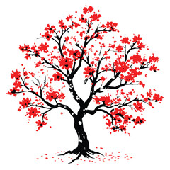 Fototapeta premium Sakura or pink cherry blossom, Vector watercolor blooming flower tree or forest side view isolated on white background for landscape and architecture drawing,elements for environment or and garden