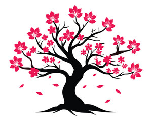 Fototapeta premium Sakura or pink cherry blossom, Vector watercolor blooming flower tree or forest side view isolated on white background for landscape and architecture drawing,elements for environment or and garden
