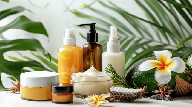 Skincare cosmetics with tropical botanicals on white background