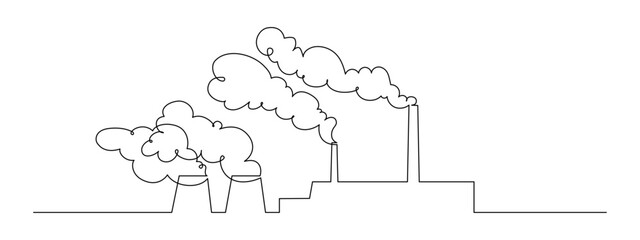 One continuous line drawing of factory Industrial plant. Abstract cooling towers of power station symbol in simple linear style. Editable stroke. Doodle contour vector illustration