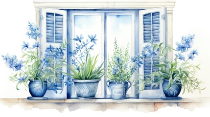 Fototapeta premium A beautiful window with blue shutters 