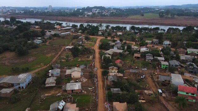 South Brazil Floods 2024 - Drone shot of Taquari River and aftermath of floods in Cruzeiro do Sul City - Rio Grande do Sul